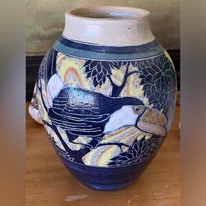 Vintage Burgess Amphora Style Hand Thrown Bird Jar Pot Vase Amazing Large